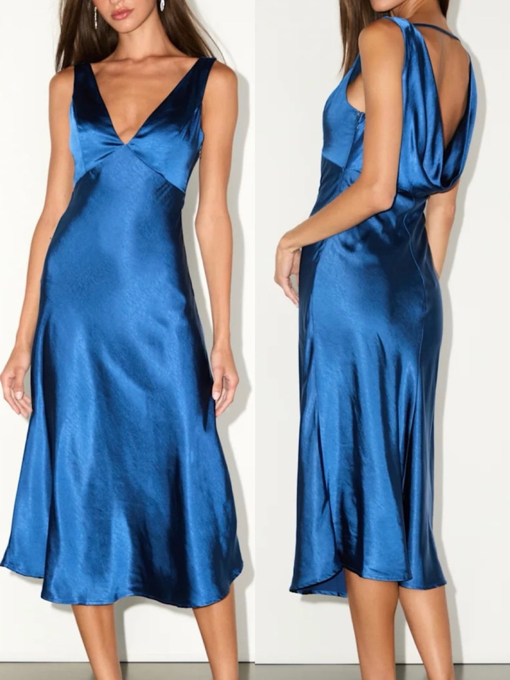 Blue satin midi evening dress